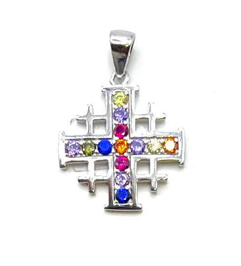 Sterling Silver With Colored Stone Jerusalem Cross Pendant